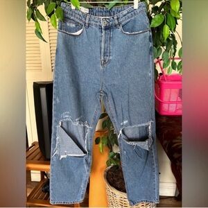 Relaxed Blue Denim Jeans with Knee Distressing